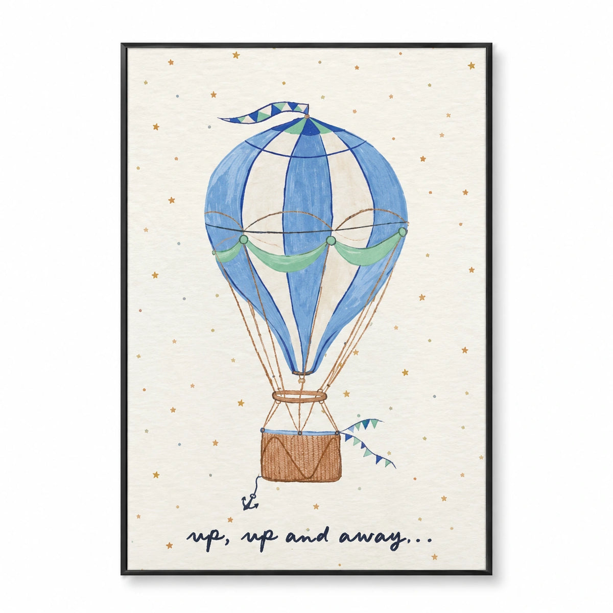 Blue Hot Air Balloon Oil Painting | Stars Green Bunting and Up Up and Away Lettering Vertical Nursery Wall Art OA 1741