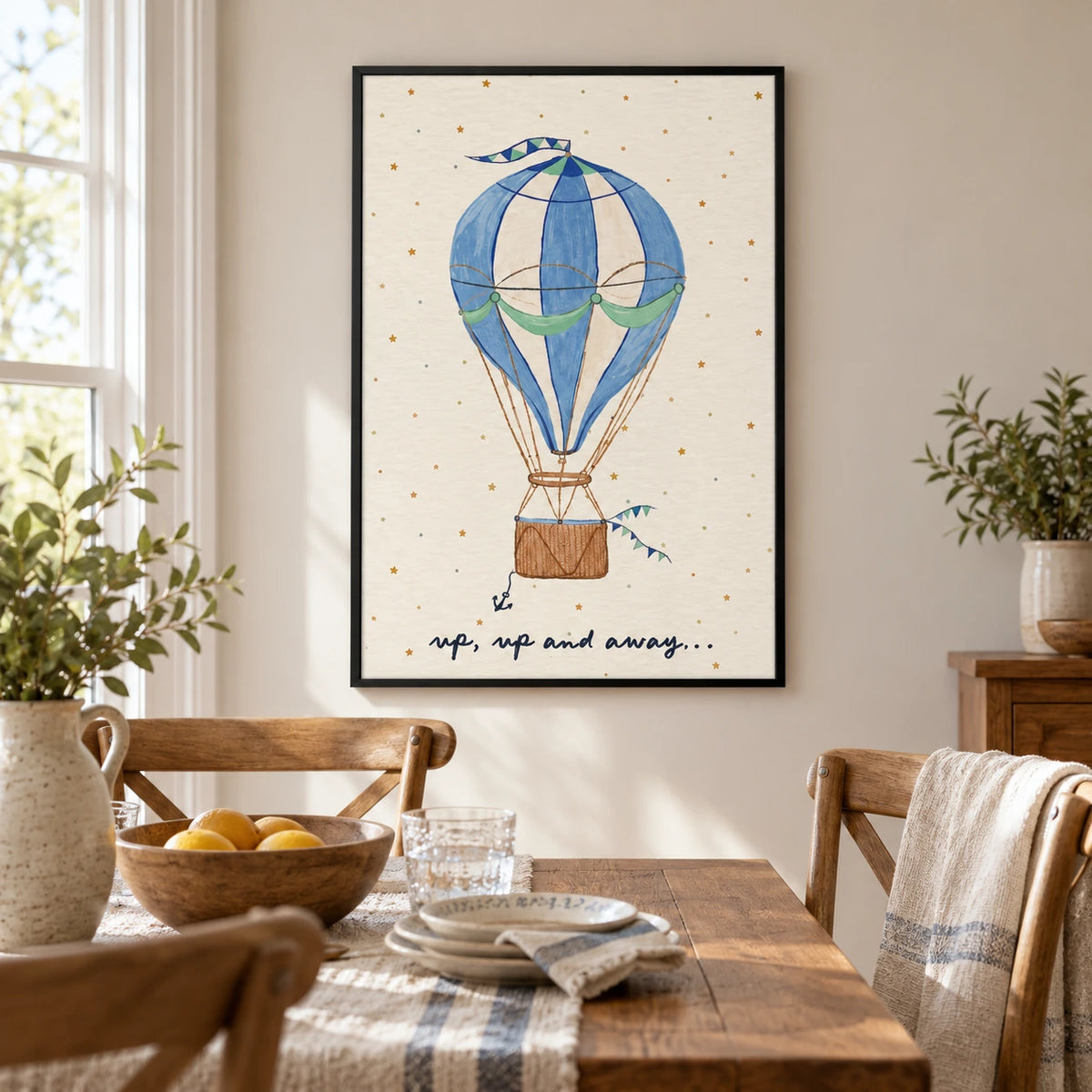 Blue Hot Air Balloon Oil Painting | Stars Green Bunting and Up Up and Away Lettering Vertical Nursery Wall Art OA 1741