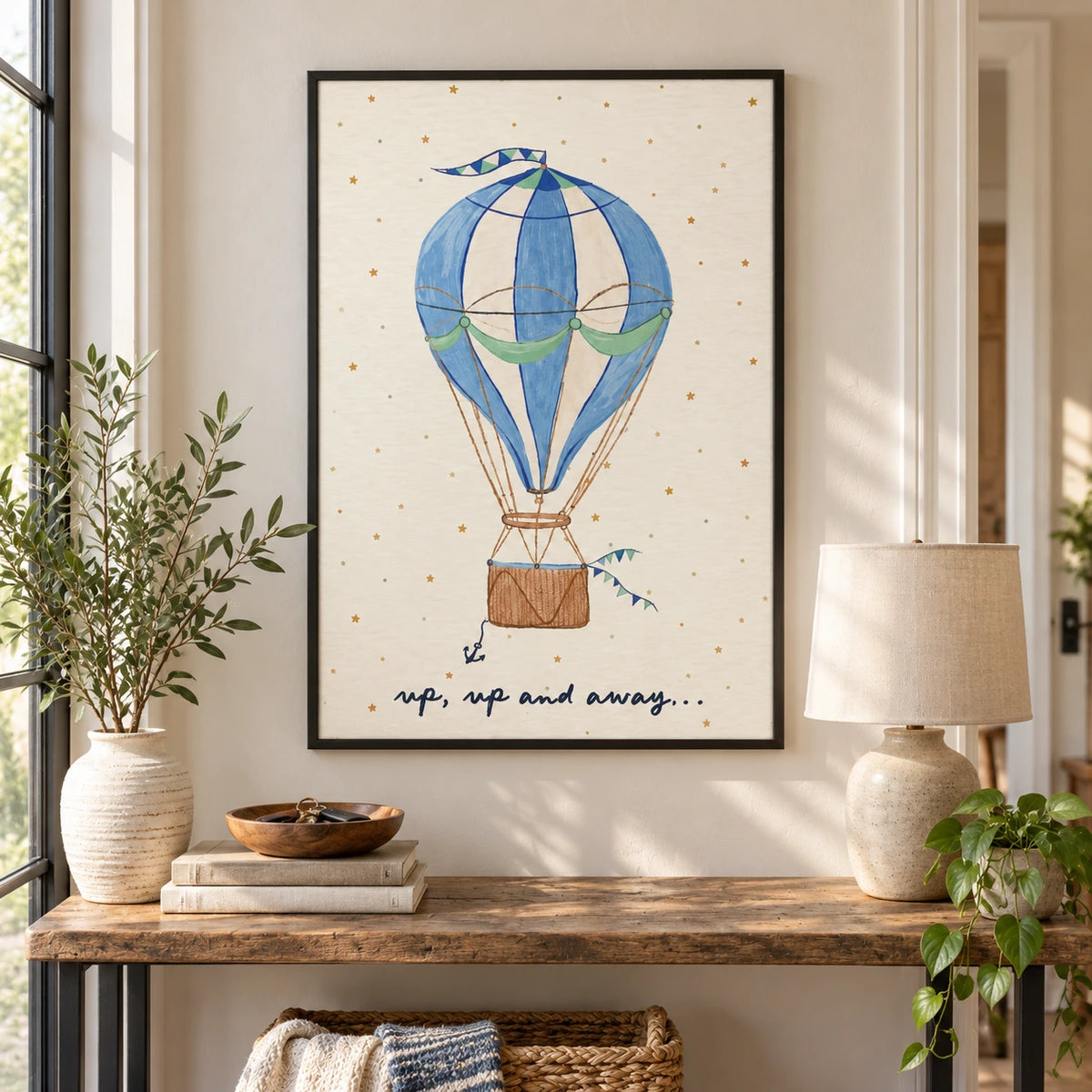 Blue Hot Air Balloon Oil Painting | Stars Green Bunting and Up Up and Away Lettering Vertical Nursery Wall Art OA 1741