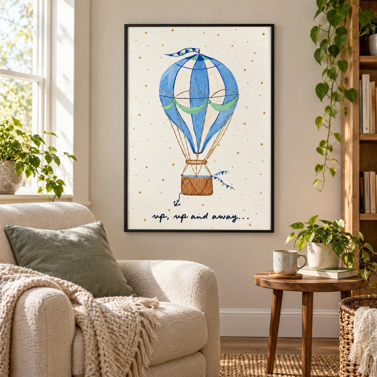 Blue Hot Air Balloon Oil Painting | Stars Green Bunting and Up Up and Away Lettering Vertical Nursery Wall Art OA 1741