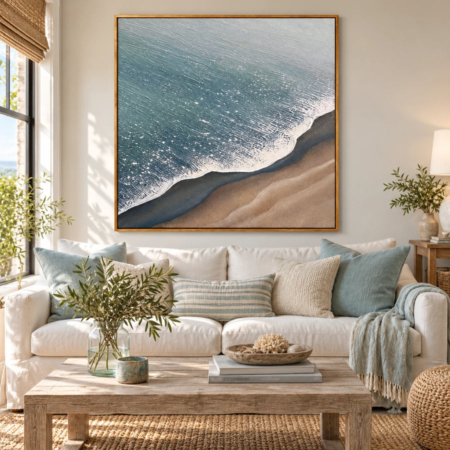 Blue Ocean Foam and Sandy Beach Oil Painting | Aerial Shoreline Neutral Coastal Textured Square Wall Art #OA 1672