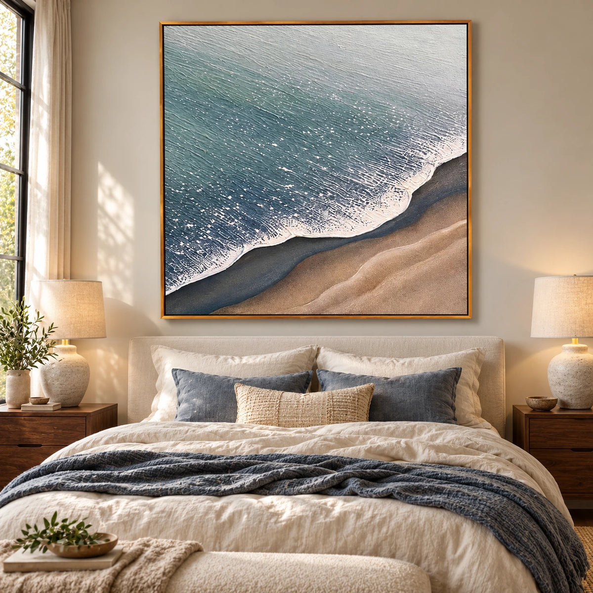 Blue Ocean Foam and Sandy Beach Oil Painting | Aerial Shoreline Neutral Coastal Textured Square Wall Art OA 1672