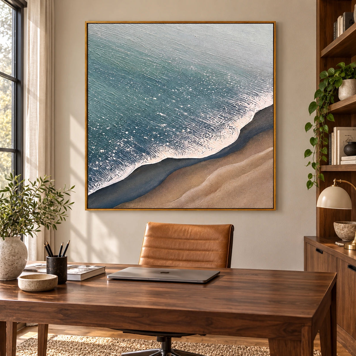 Blue Ocean Foam and Sandy Beach Oil Painting | Aerial Shoreline Neutral Coastal Textured Square Wall Art OA 1672