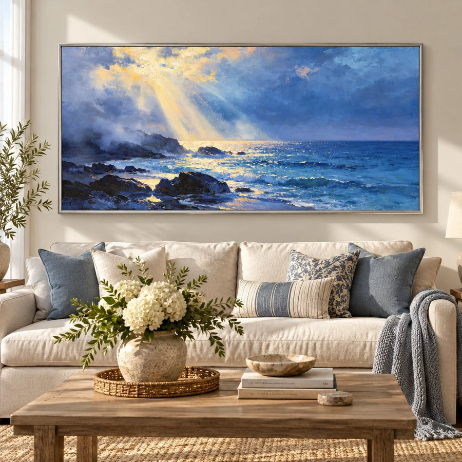 Blue Ocean Seascape Oil Painting | Golden Sunbeams, Rocky Coast, Large Horizontal Hand-Painted Coastal Wall Art #OA 1945