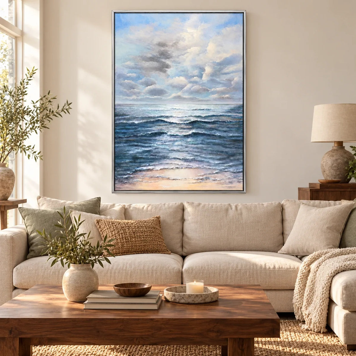 Blue Ocean Waves Oil Painting | Soft Cloudy Sky and Peach Shoreline Vertical Coastal Seascape Wall Art #OA 1796