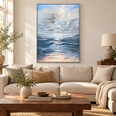 Blue Ocean Waves Oil Painting | Soft Cloudy Sky and Peach Shoreline Vertical Coastal Seascape Wall Art #OA 1796