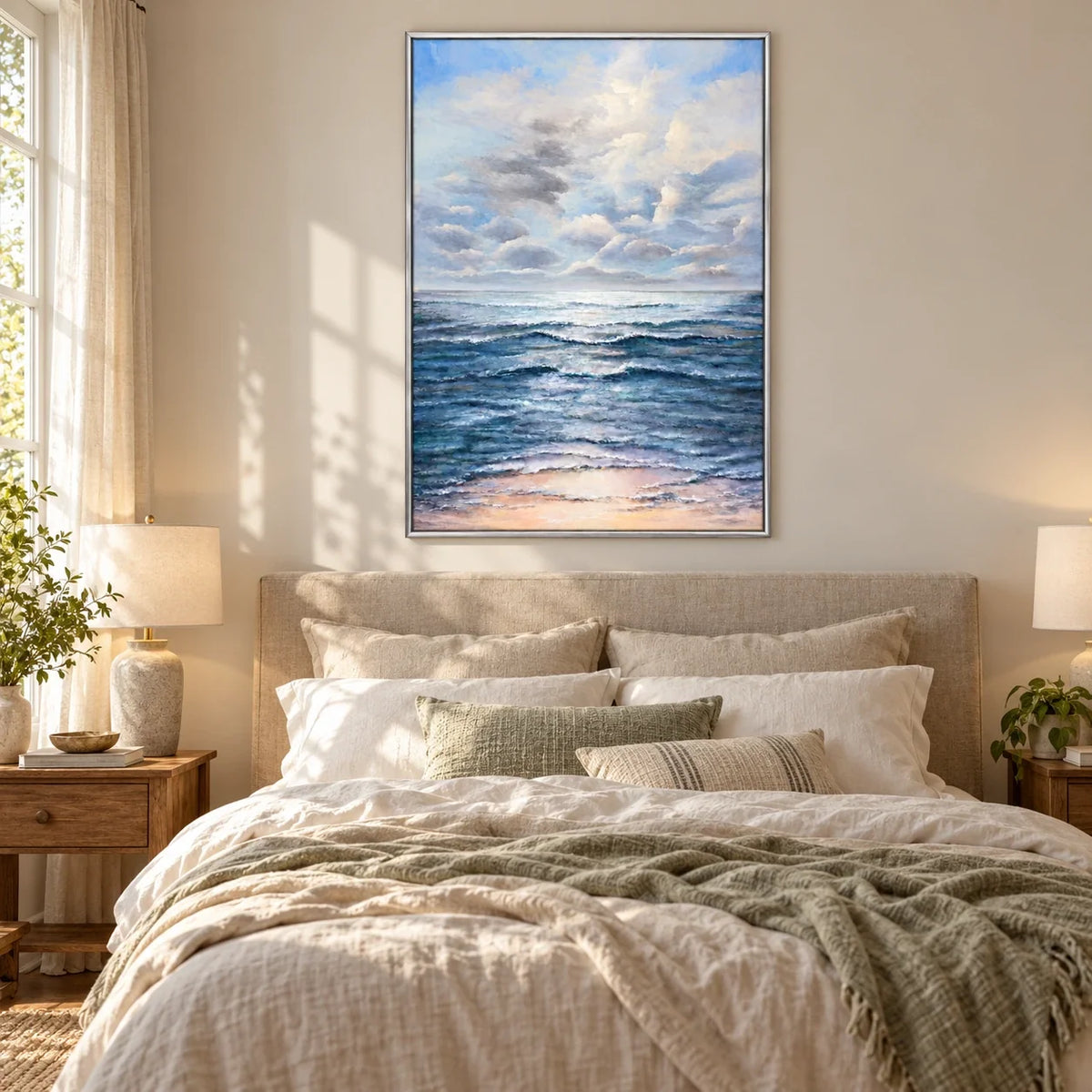 Blue Ocean Waves Oil Painting | Soft Cloudy Sky and Peach Shoreline Vertical Coastal Seascape Wall Art #OA 1796