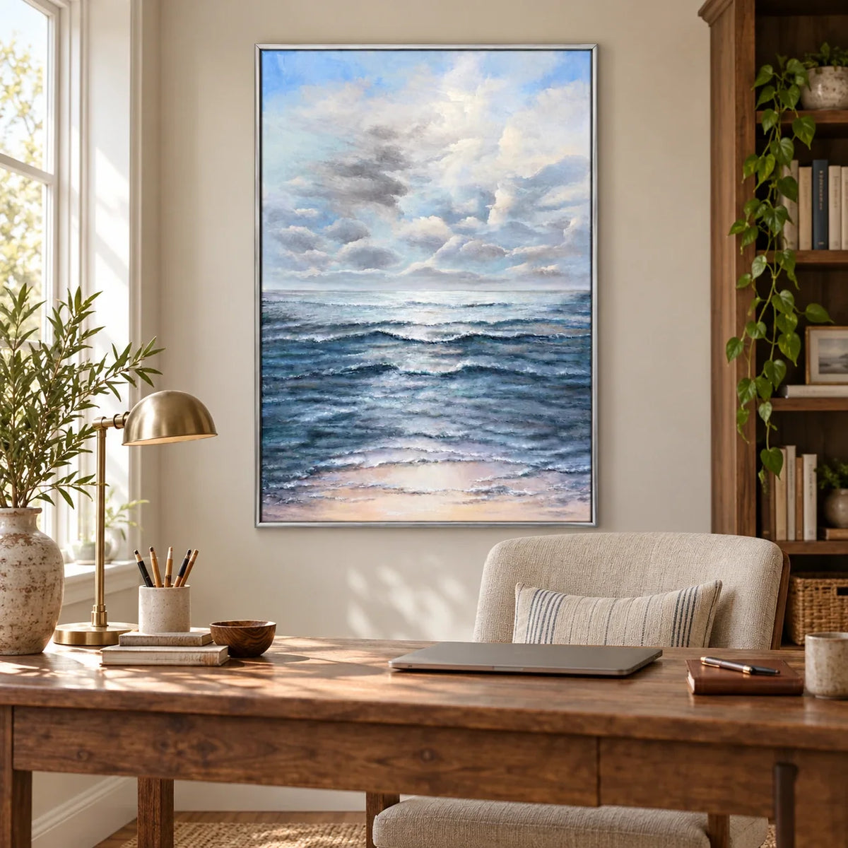Blue Ocean Waves Oil Painting | Soft Cloudy Sky and Peach Shoreline Vertical Coastal Seascape Wall Art #OA 1796