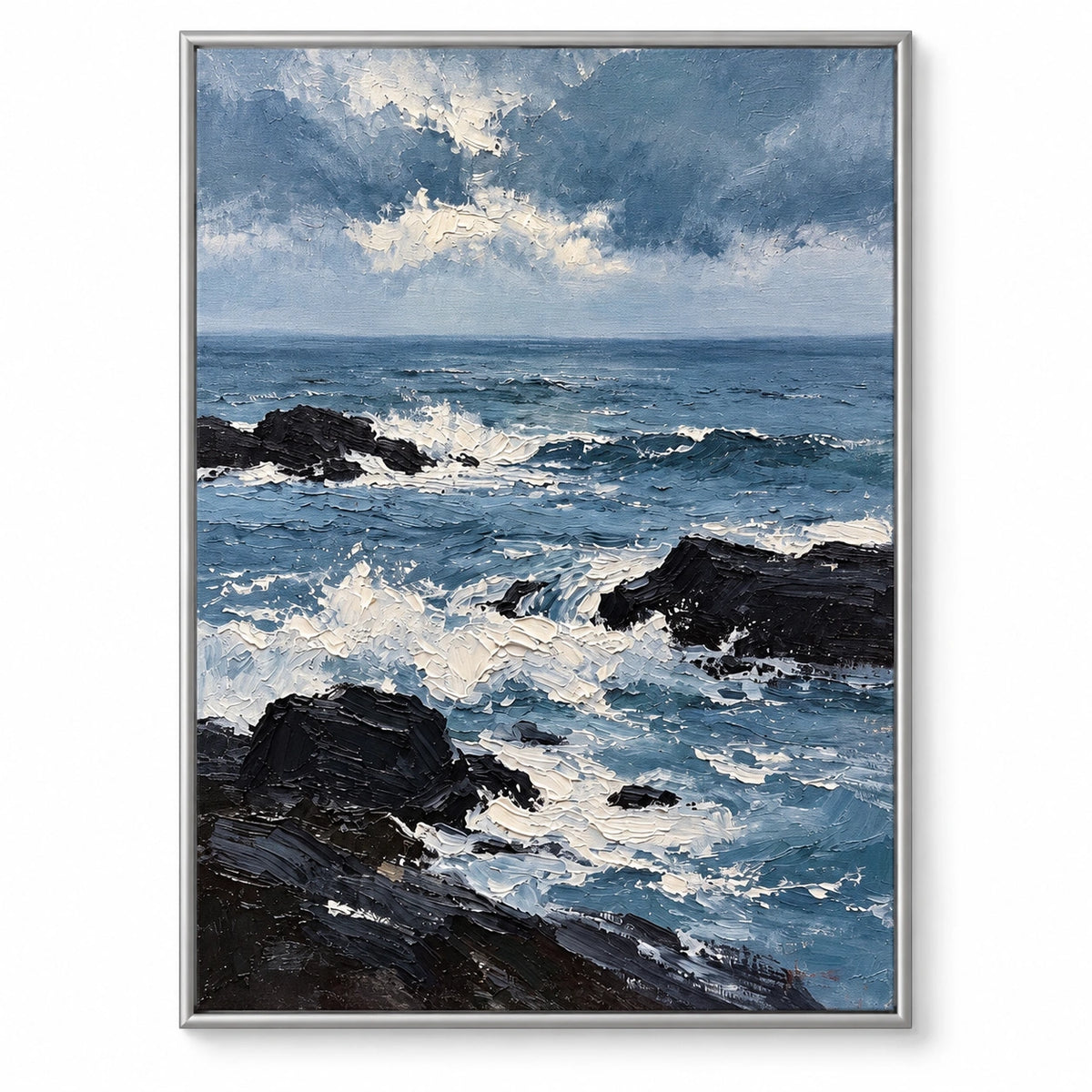 Blue Ocean Waves and Black Rocks Oil Painting | White Foam Cloudy Sky Textured Vertical Coastal Seascape Wall Art OA 1777