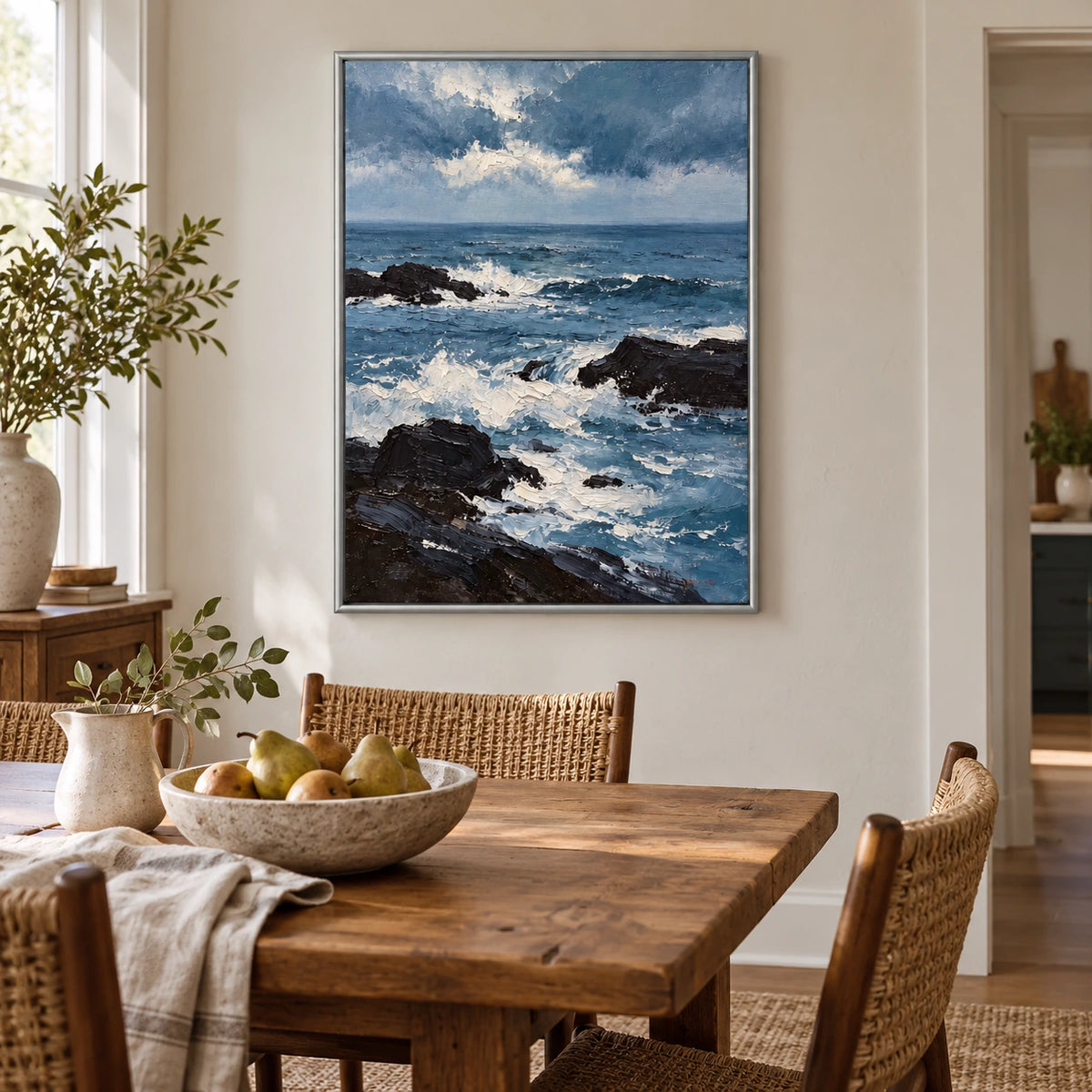 Blue Ocean Waves and Black Rocks Oil Painting | White Foam Cloudy Sky Textured Vertical Coastal Seascape Wall Art OA 1777