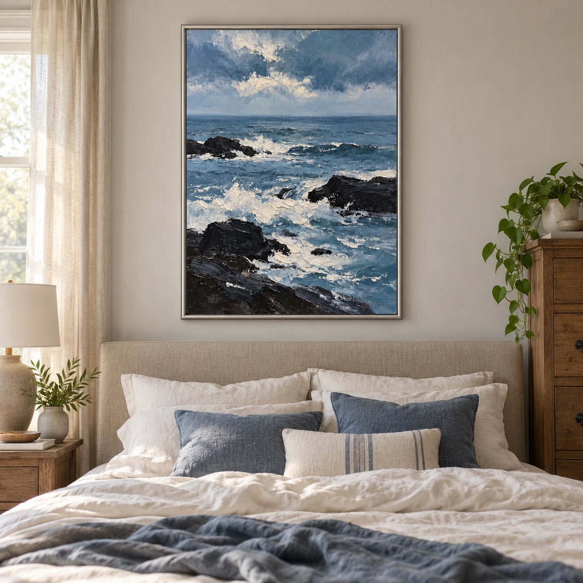 Blue Ocean Waves and Black Rocks Oil Painting | White Foam Cloudy Sky Textured Vertical Coastal Seascape Wall Art OA 1777