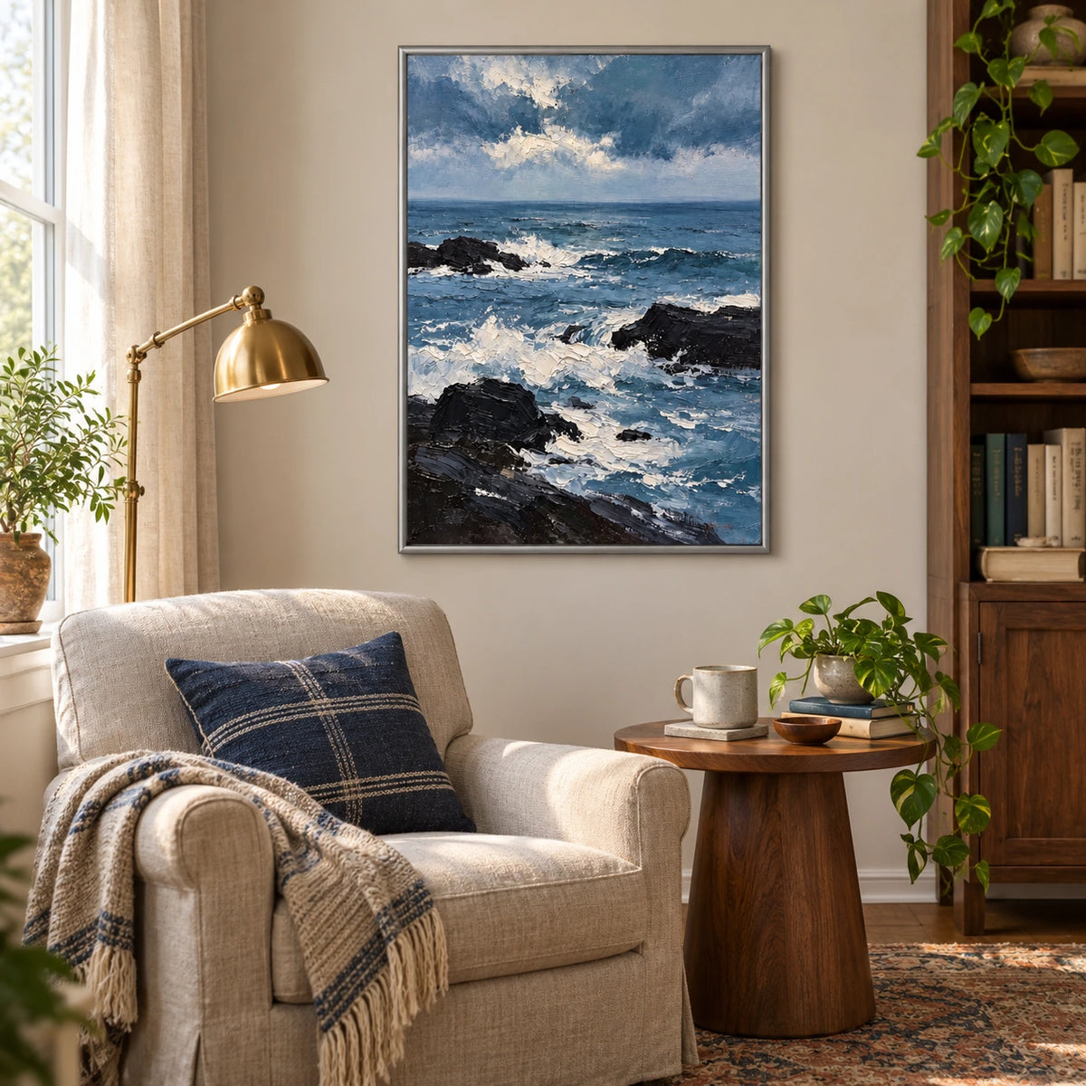 Blue Ocean Waves and Black Rocks Oil Painting | White Foam Cloudy Sky Textured Vertical Coastal Seascape Wall Art OA 1777