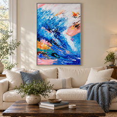 Blue Pink and Orange Abstract Wave Oil Painting | Expressive Brushstrokes Vertical Colorful Canvas Wall Art #OA 1827