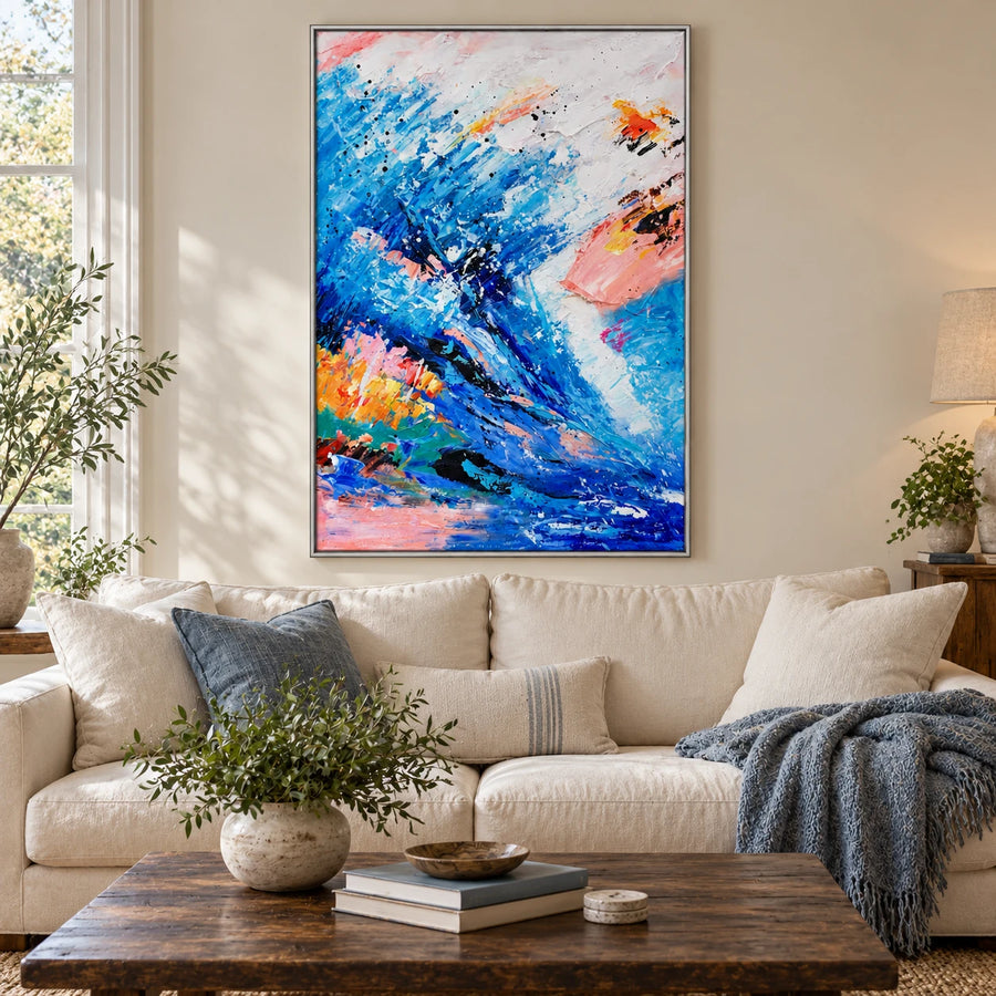 Blue Pink and Orange Abstract Wave Oil Painting | Expressive Brushstrokes Vertical Colorful Canvas Wall Art #OA 1827