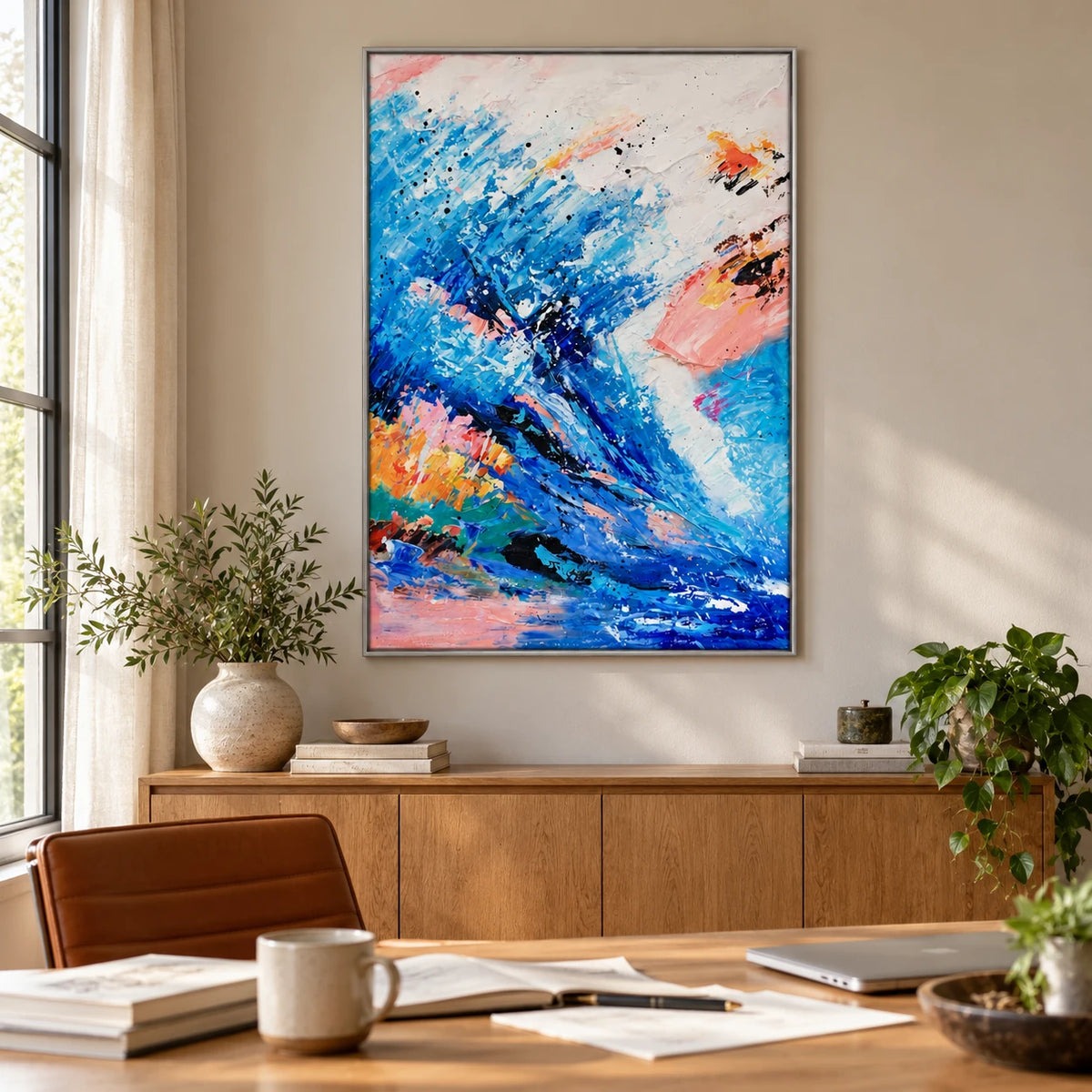 Blue Pink and Orange Abstract Wave Oil Painting | Expressive Brushstrokes Vertical Colorful Canvas Wall Art #OA 1827