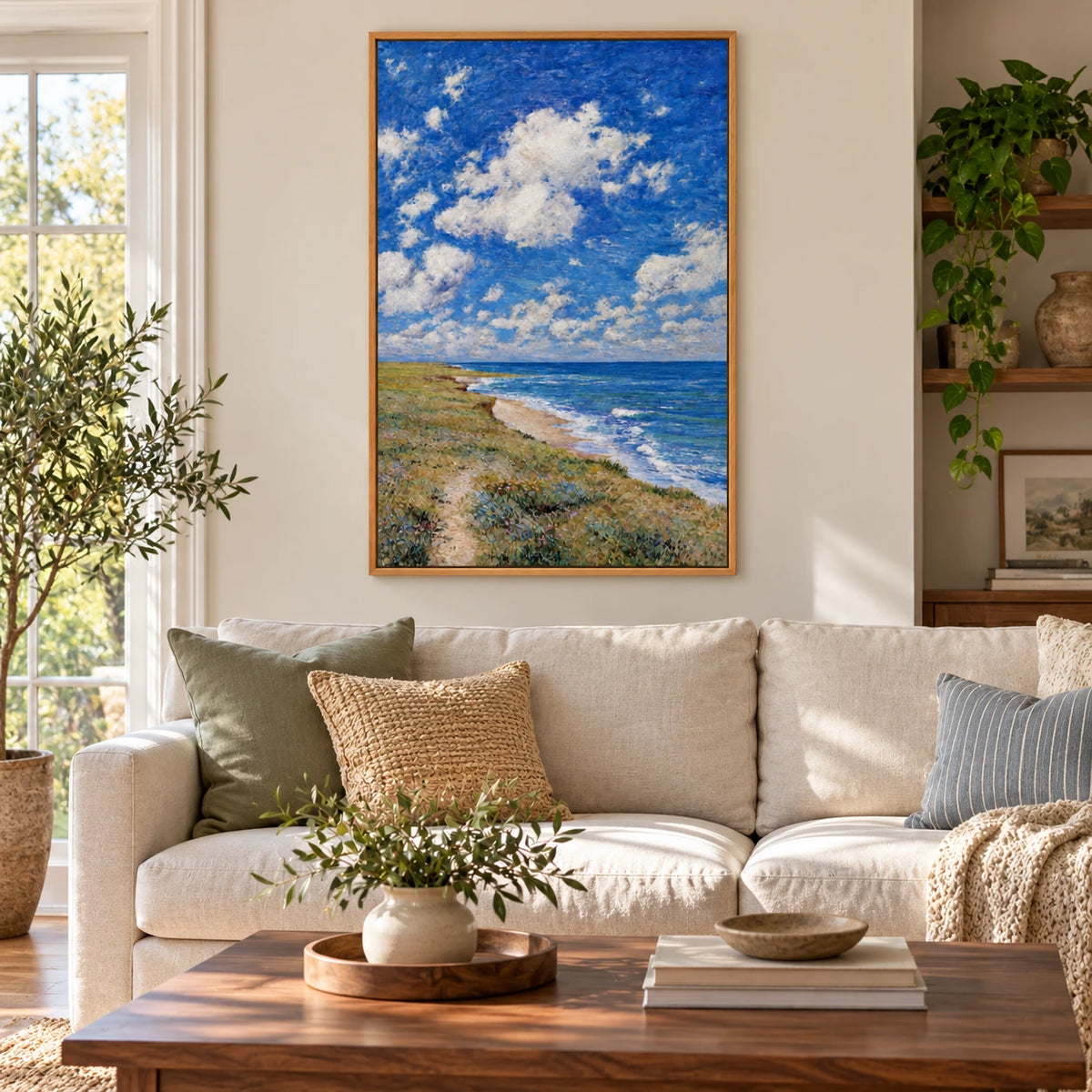 Blue Sky and Coastal Meadow Hand-Painted Oil Painting | Cloudy Seaside Landscape Canvas Wall Art #OA 1836