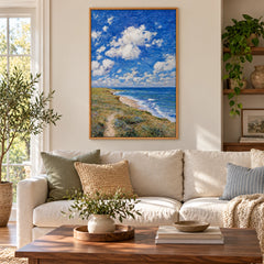 Blue Sky and Coastal Meadow Hand-Painted Oil Painting | Cloudy Seaside Landscape Canvas Wall Art #OA 1836