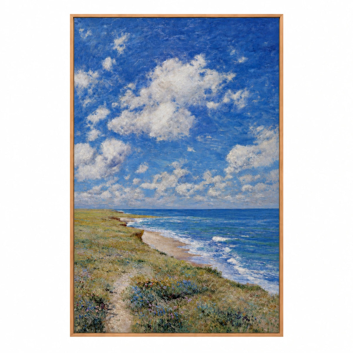 Blue Sky and Coastal Meadow Hand-Painted Oil Painting | Cloudy Seaside Landscape Canvas Wall Art #OA 1836