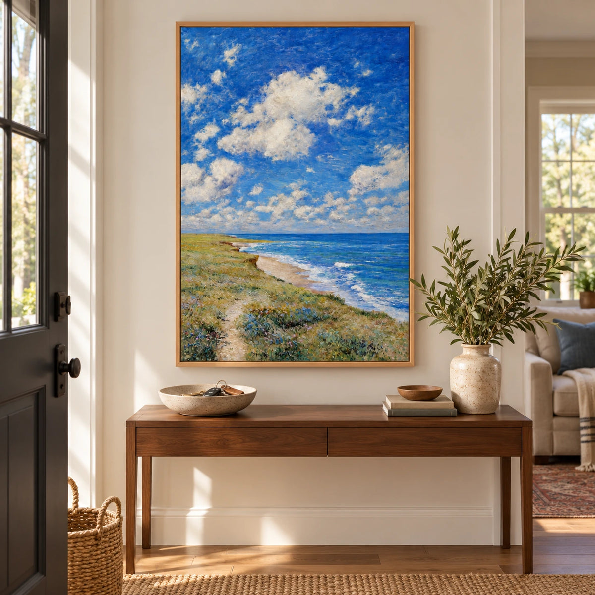 Blue Sky and Coastal Meadow Hand-Painted Oil Painting | Cloudy Seaside Landscape Canvas Wall Art #OA 1836
