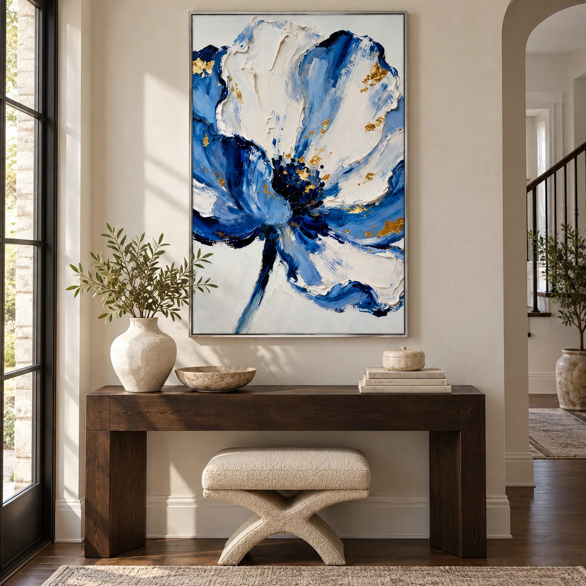 Blue White and Gold Flower Oil Painting | Large Floral Impasto Textured Vertical Wall Art #OA 1621