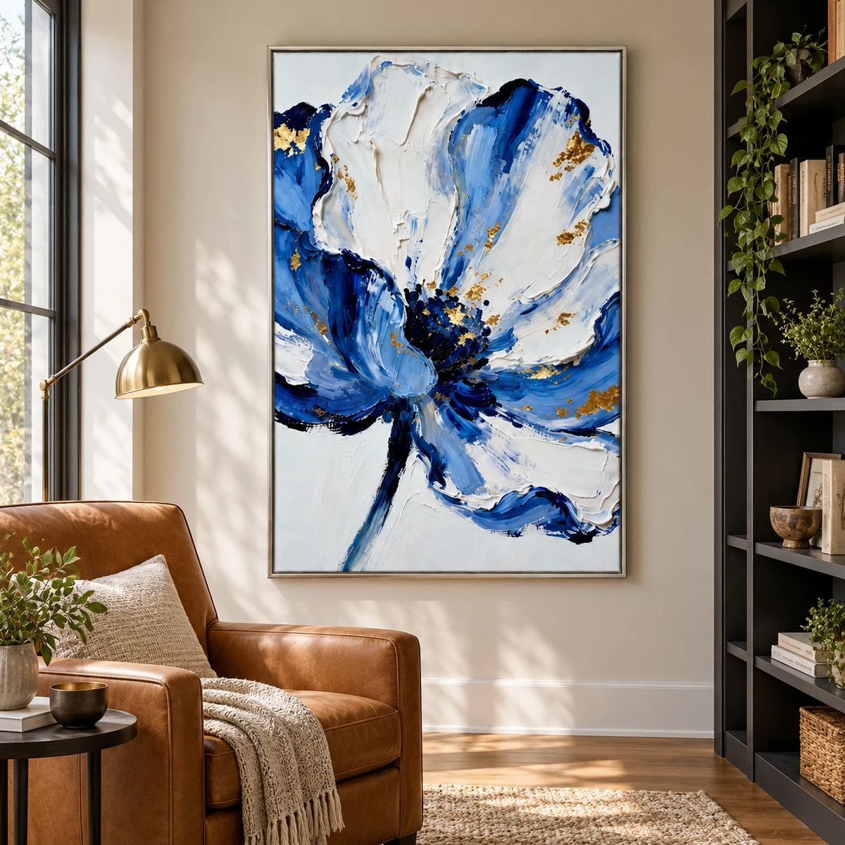Blue White and Gold Flower Oil Painting | Large Floral Impasto Textured Vertical Wall Art #OA 1621