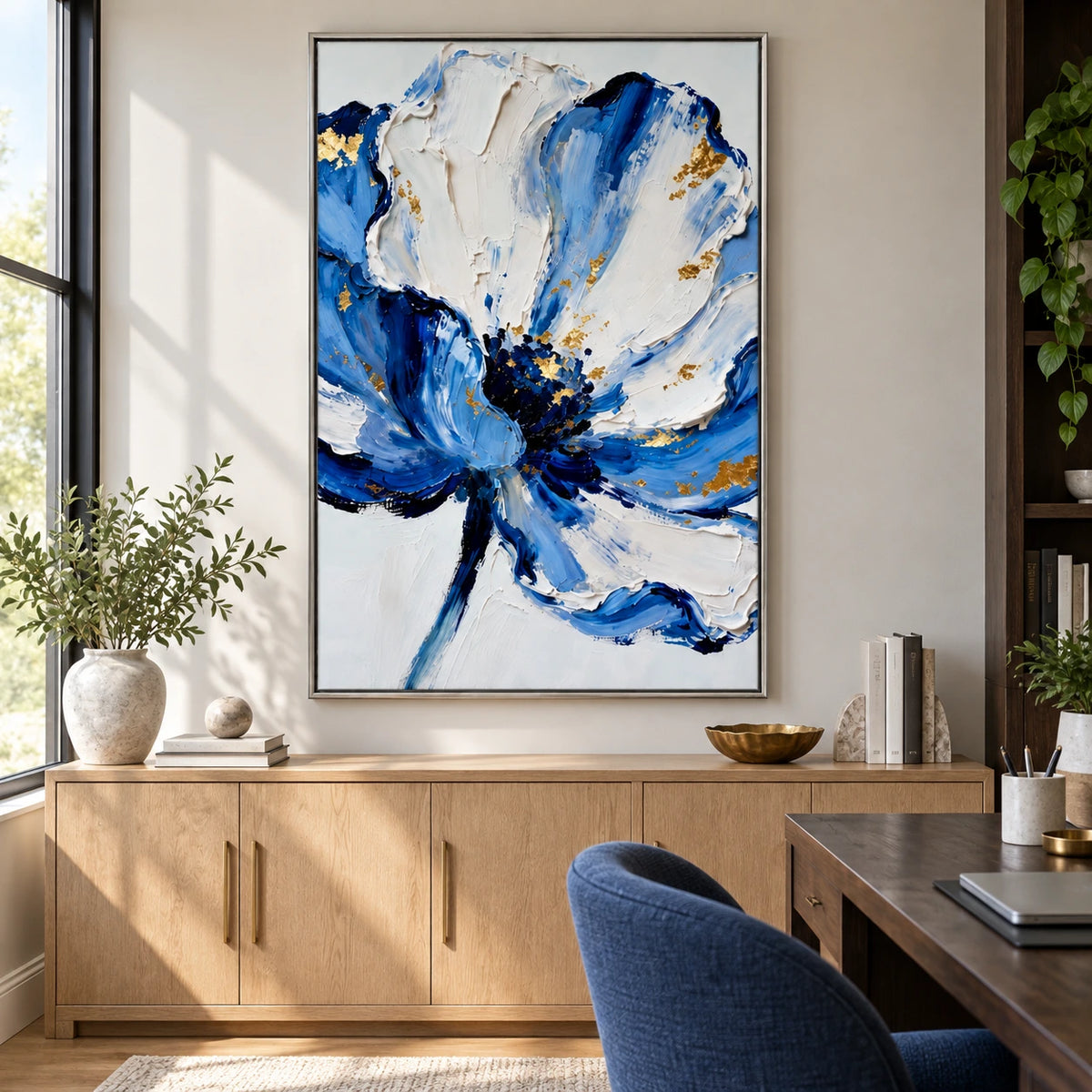 Blue White and Gold Flower Oil Painting | Large Floral Impasto Textured Vertical Wall Art #OA 1621