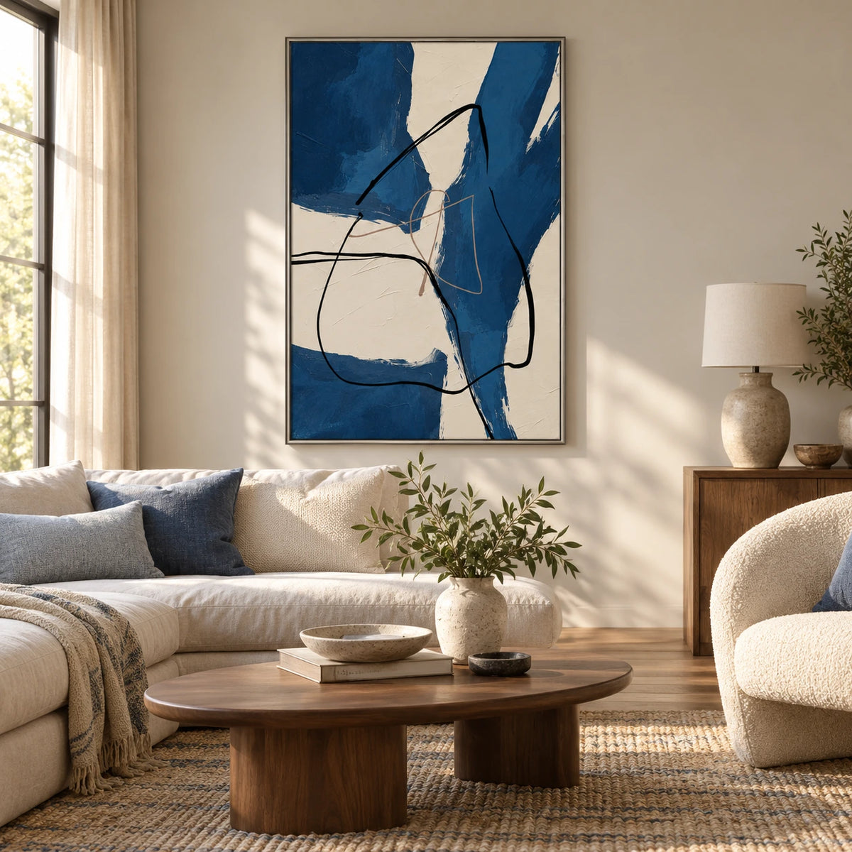 Blue and Ivory Abstract Oil Painting | Bold Brushstrokes and Flowing Black Lines Vertical Wall Art #OA 1657