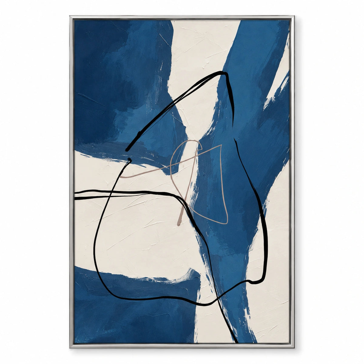 Blue and Ivory Abstract Oil Painting | Bold Brushstrokes and Flowing Black Lines Vertical Wall Art #OA 1657