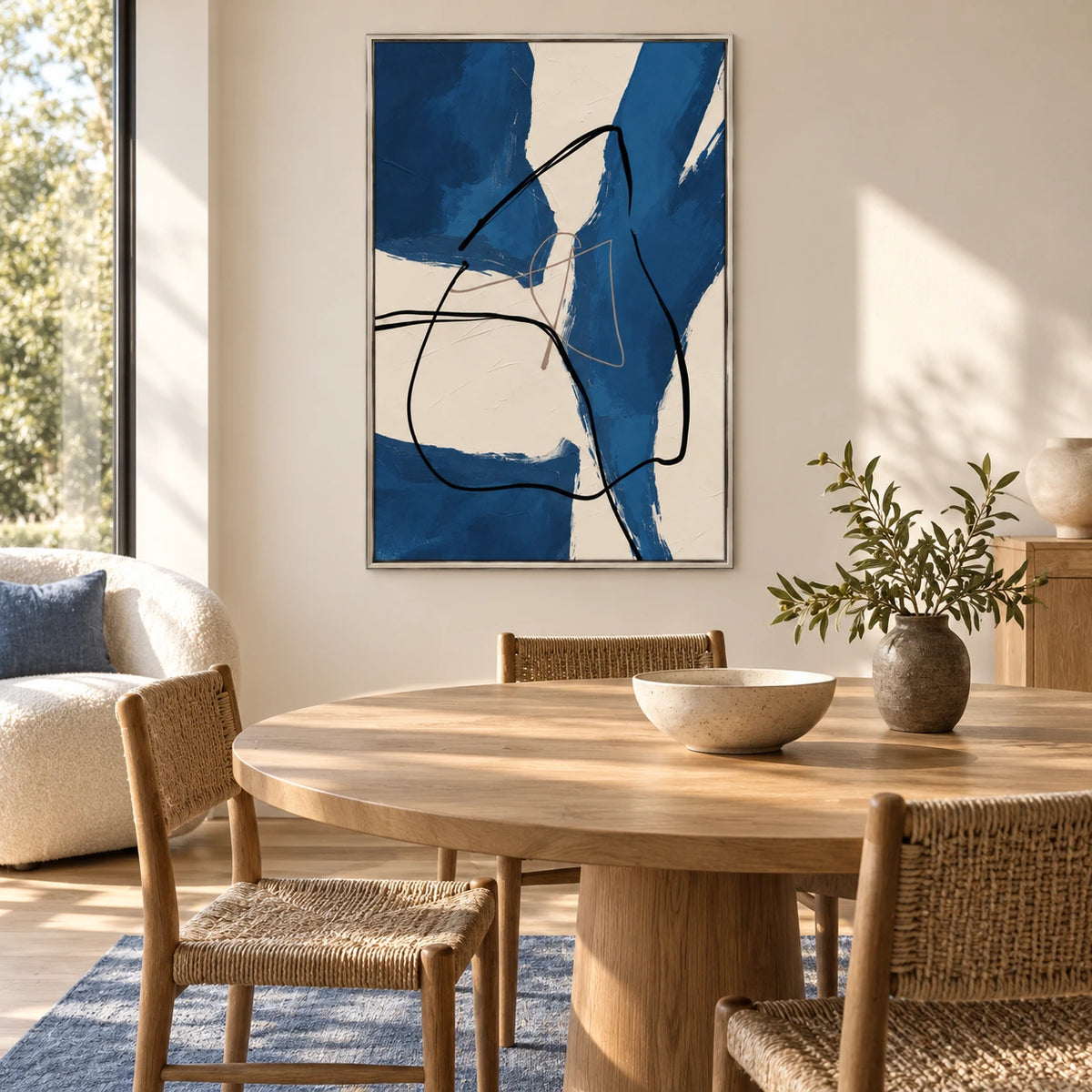 Blue and Ivory Abstract Oil Painting | Bold Brushstrokes and Flowing Black Lines Vertical Wall Art #OA 1657