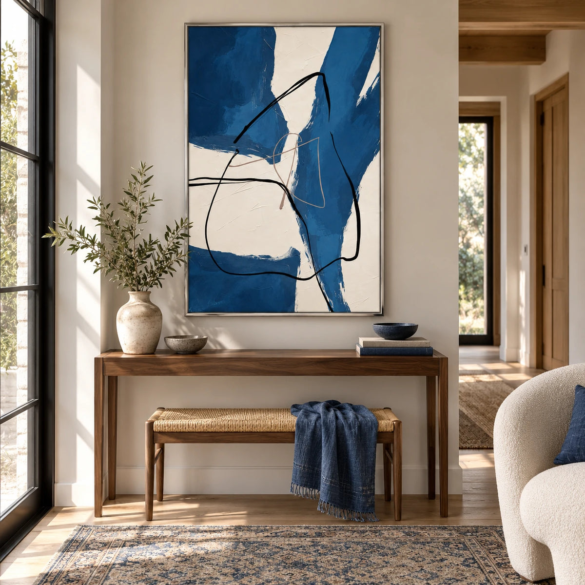 Blue and Ivory Abstract Oil Painting | Bold Brushstrokes and Flowing Black Lines Vertical Wall Art #OA 1657