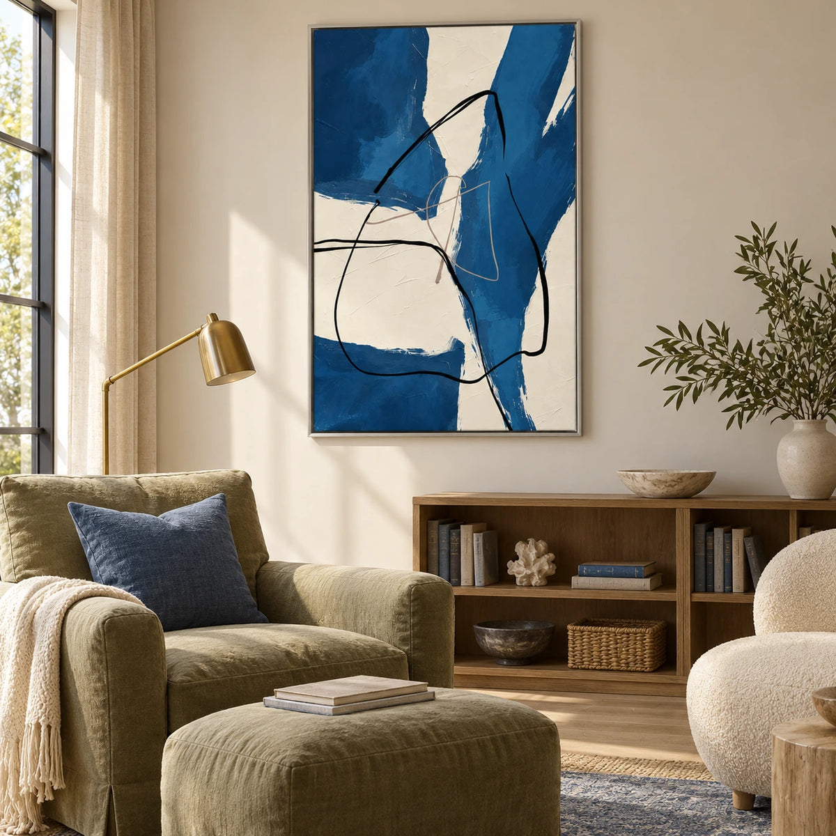 Blue and Ivory Abstract Oil Painting | Bold Brushstrokes and Flowing Black Lines Vertical Wall Art #OA 1657