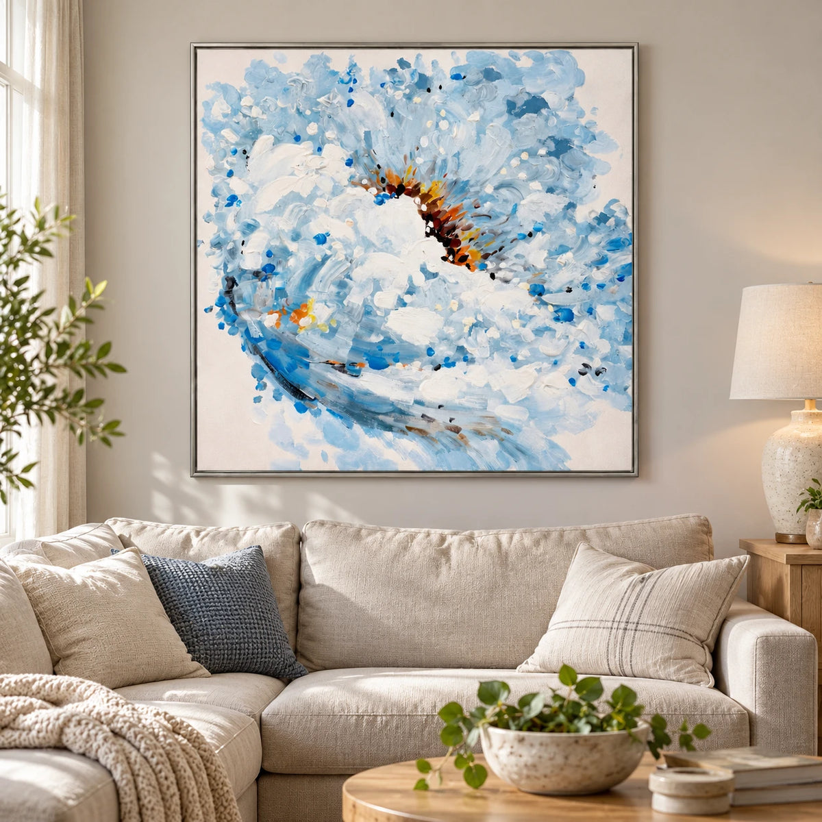 Blue and White Flower Oil Painting | Expressive Petals and Warm Gold Center Textured Square Floral Wall Art #OA 1812