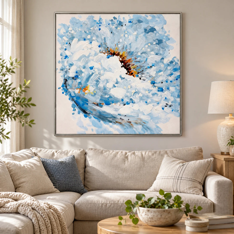 Blue and White Flower Oil Painting | Expressive Petals and Warm Gold Center Textured Square Floral Wall Art #OA 1812