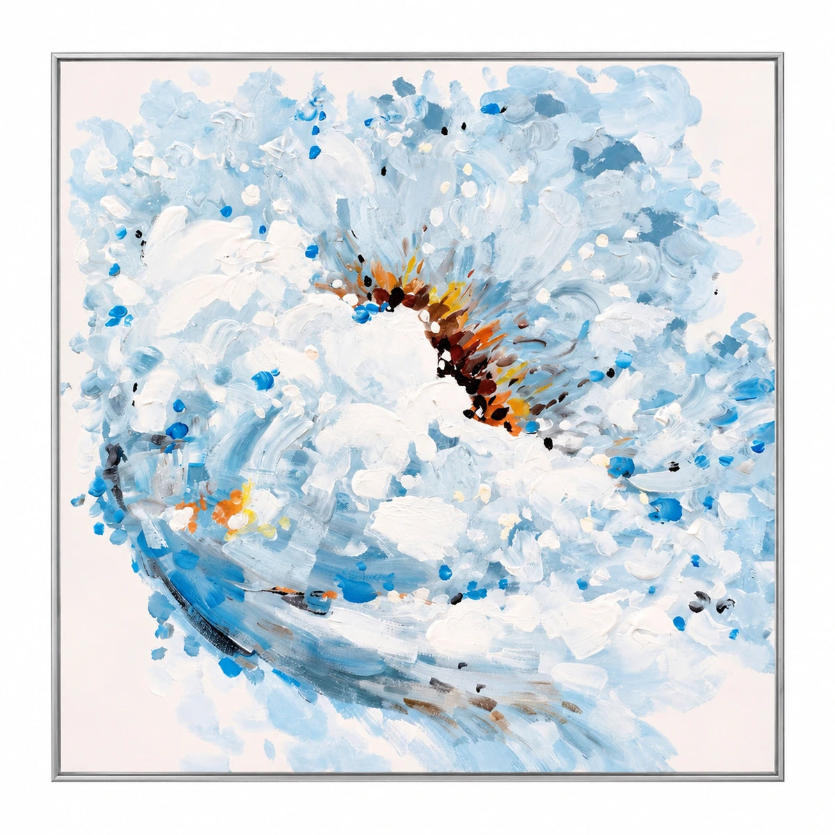 Blue and White Flower Oil Painting | Expressive Petals and Warm Gold Center Textured Square Floral Wall Art #OA 1812