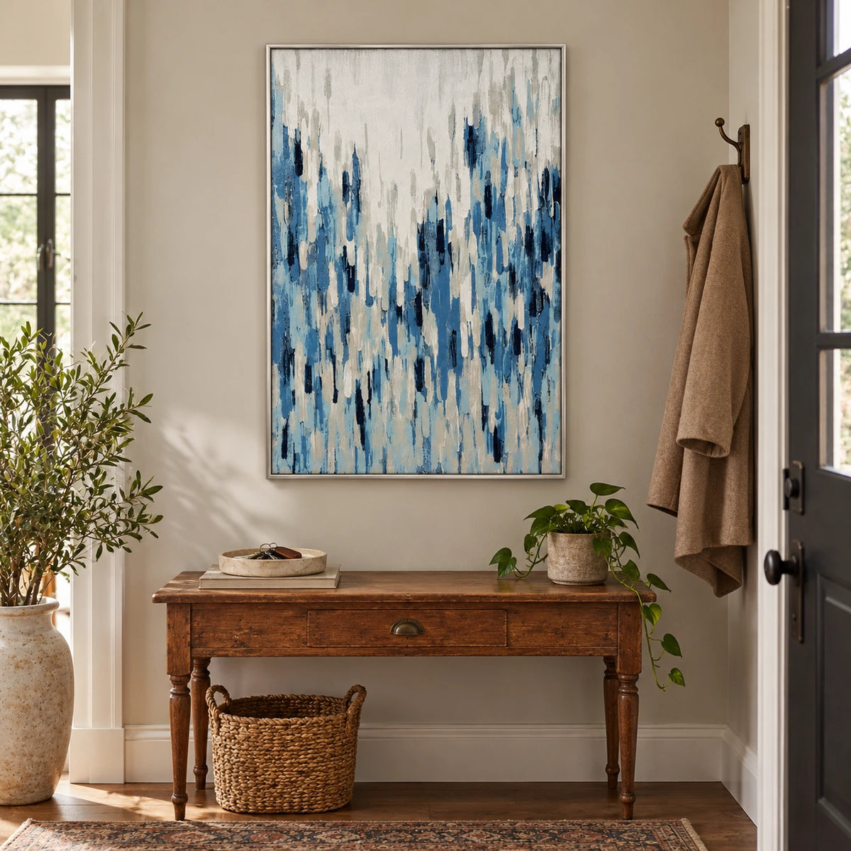 Blue and White Vertical Strokes Oil Painting | Navy Pale Blue Grey Textured Modern Abstract Wall Art OA 1765