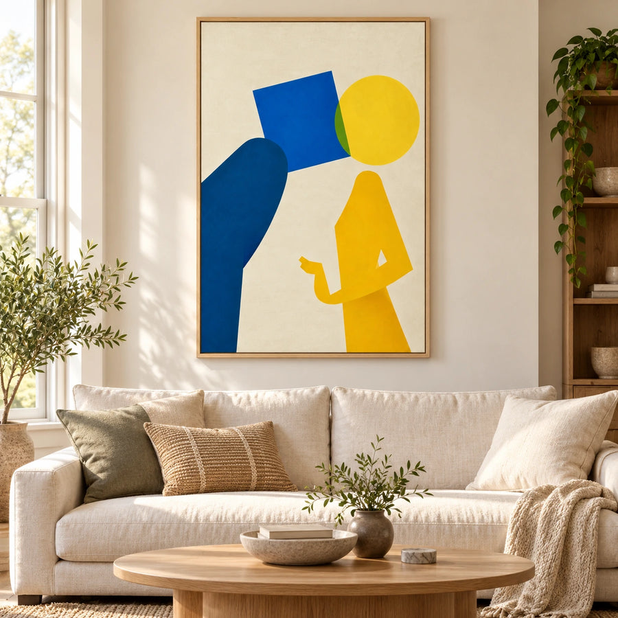 Blue and Yellow Geometric Figure Oil Painting | Minimalist Abstract Portrait on Cream Vertical Wall Art #OA 1647