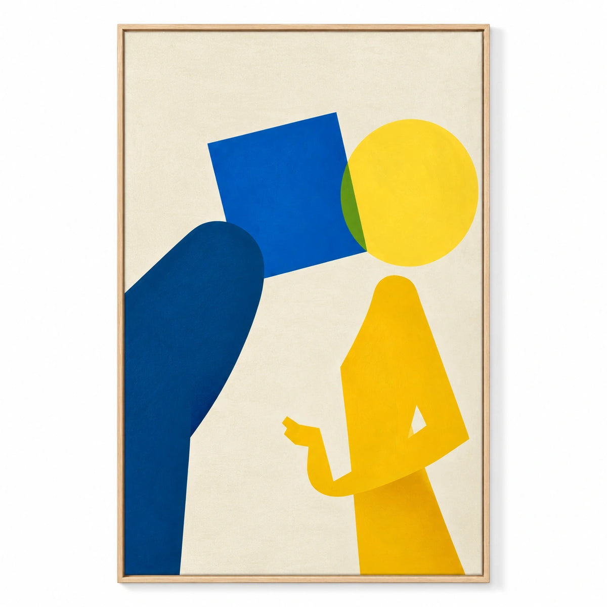 Blue and Yellow Geometric Figure Oil Painting | Minimalist Abstract Portrait on Cream Vertical Wall Art #OA 1647