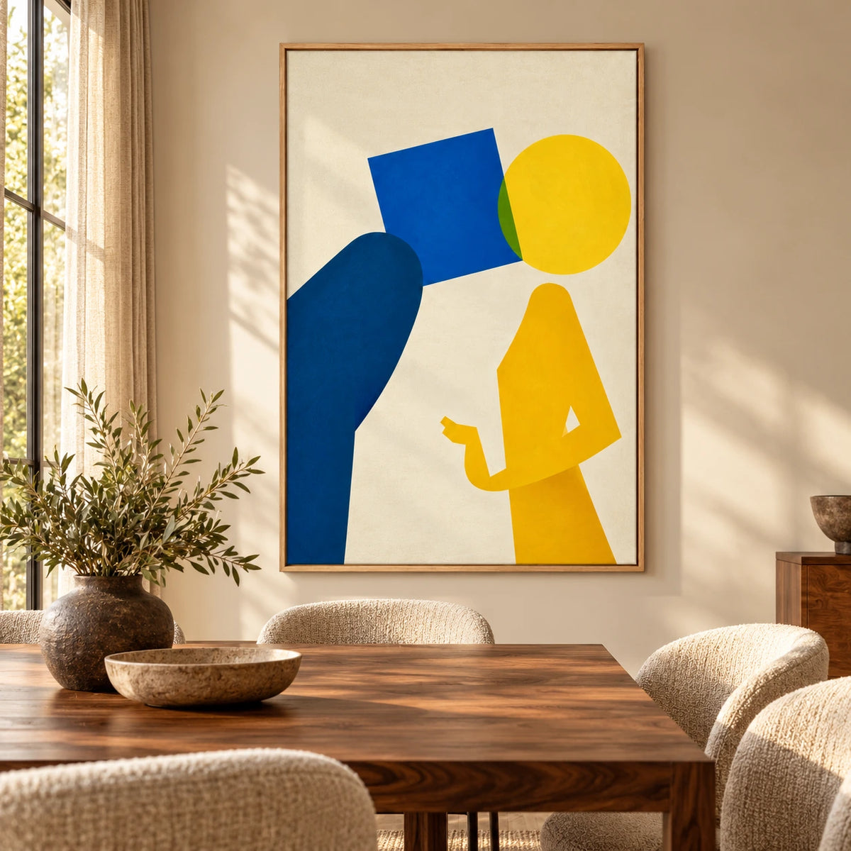 Blue and Yellow Geometric Figure Oil Painting | Minimalist Abstract Portrait on Cream Vertical Wall Art #OA 1647