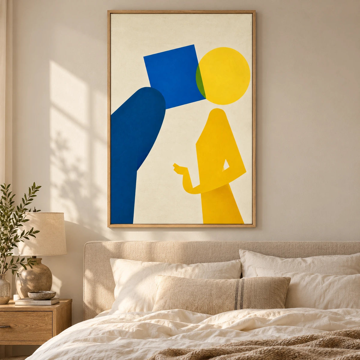 Blue and Yellow Geometric Figure Oil Painting | Minimalist Abstract Portrait on Cream Vertical Wall Art #OA 1647