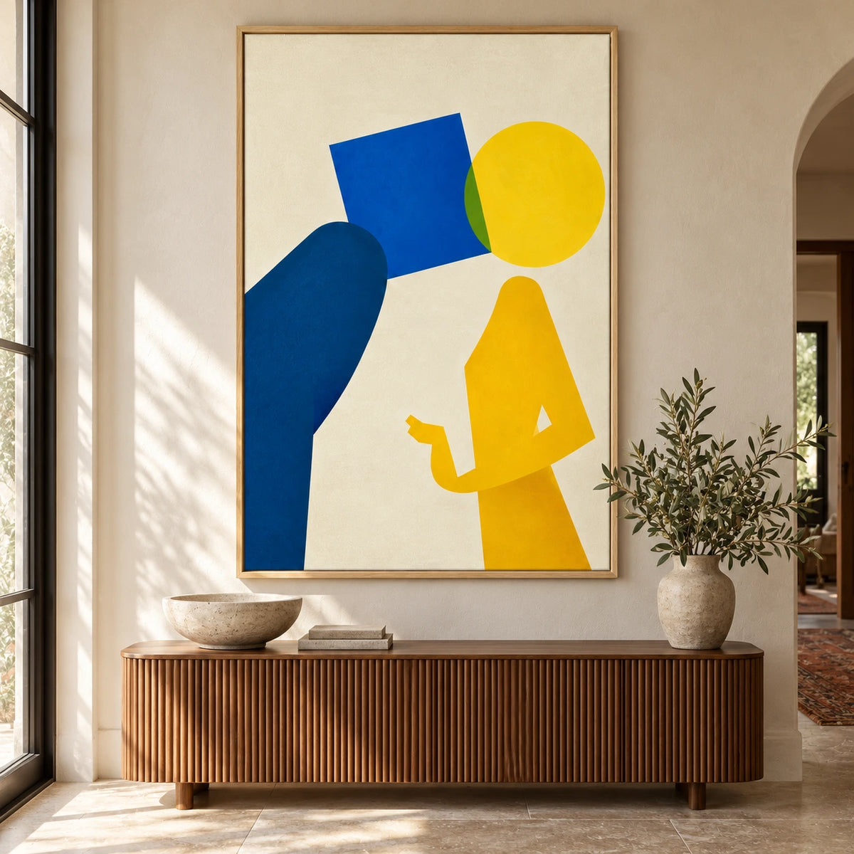 Blue and Yellow Geometric Figure Oil Painting | Minimalist Abstract Portrait on Cream Vertical Wall Art #OA 1647
