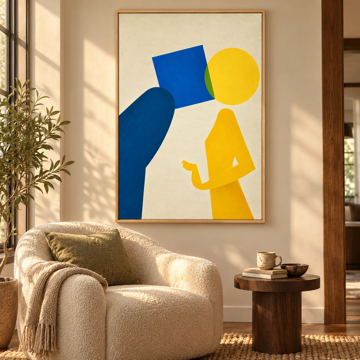 Blue and Yellow Geometric Figure Oil Painting | Minimalist Abstract Portrait on Cream Vertical Wall Art #OA 1647