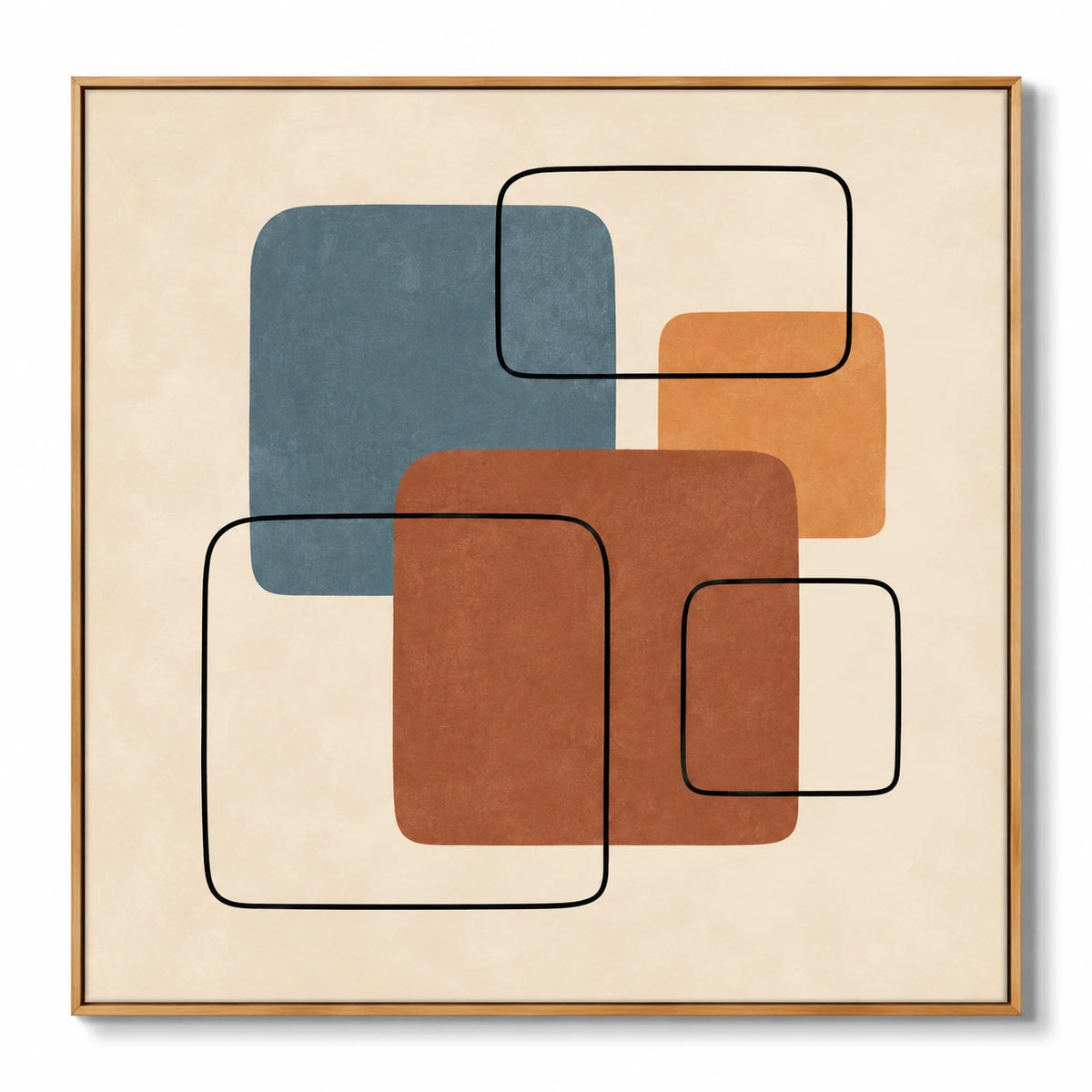 Blue Terracotta and Ochre Geometric Oil Painting | Mid Century Modern Square Wall Art #OA 1610