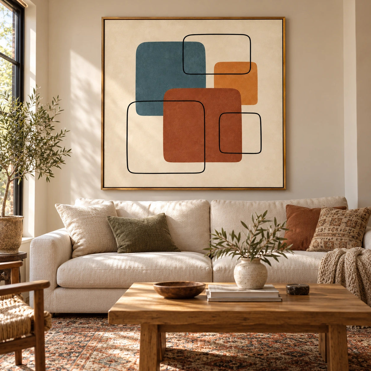 Blue Terracotta and Ochre Geometric Oil Painting | Mid Century Modern Square Wall Art #OA 1610