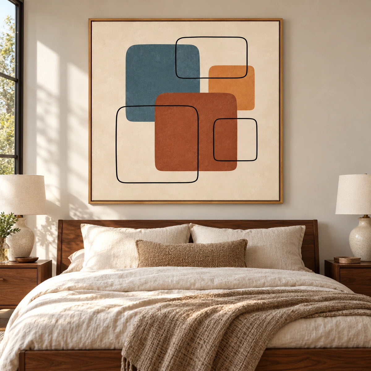 Blue Terracotta and Ochre Geometric Oil Painting | Mid Century Modern Square Wall Art #OA 1610