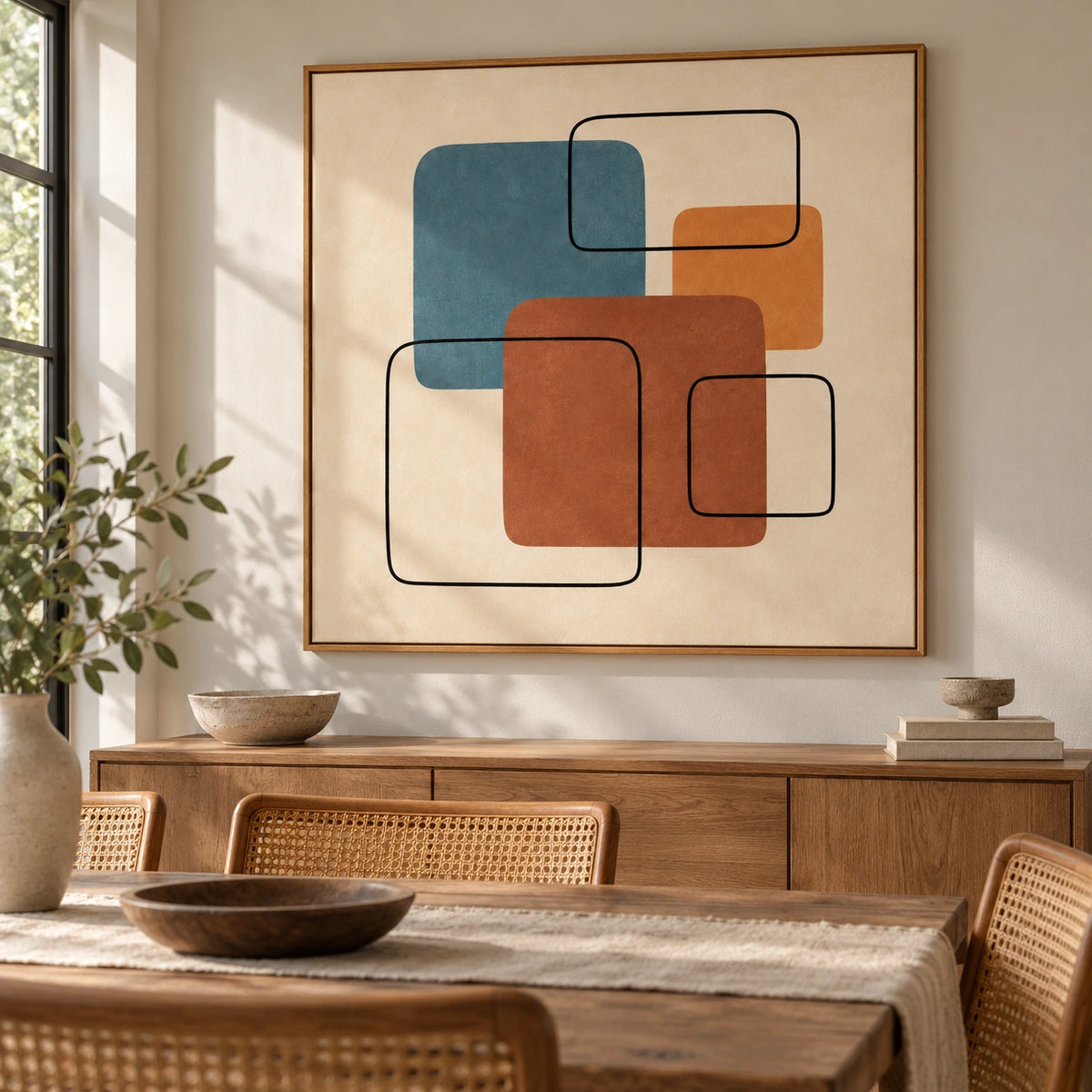 Blue Terracotta and Ochre Geometric Oil Painting | Mid Century Modern Square Wall Art #OA 1610