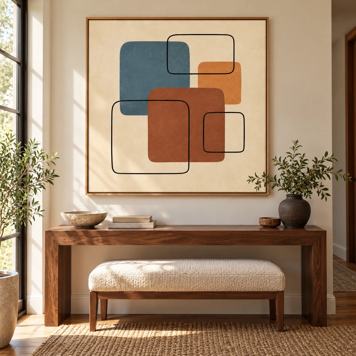 Blue Terracotta and Ochre Geometric Oil Painting | Mid Century Modern Square Wall Art #OA 1610
