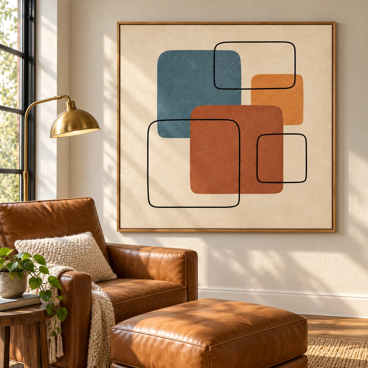 Blue Terracotta and Ochre Geometric Oil Painting | Mid Century Modern Square Wall Art #OA 1610