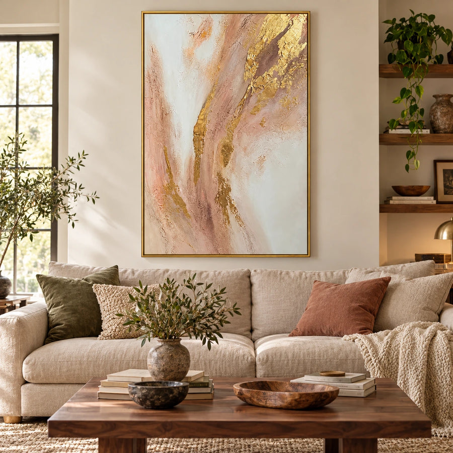 Blush Pink Ivory and Gold Abstract Oil Painting | Flowing Metallic Accents Vertical Neutral Textured Wall Art #OA 1835