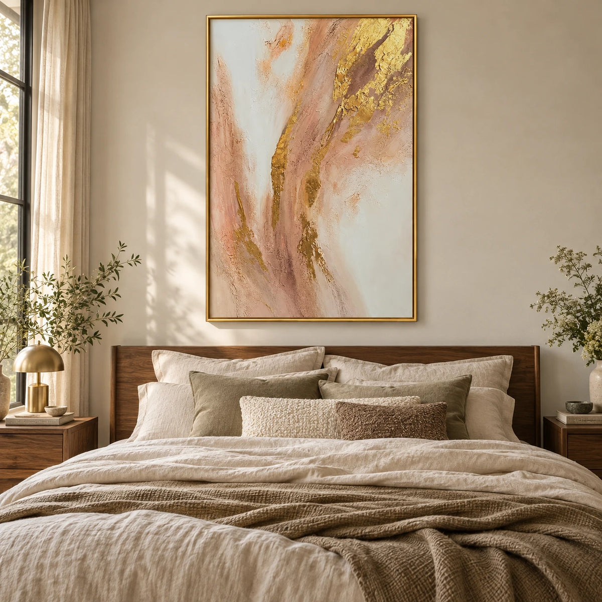 Blush Pink Ivory and Gold Abstract Oil Painting | Flowing Metallic Accents Vertical Neutral Textured Wall Art #OA 1835