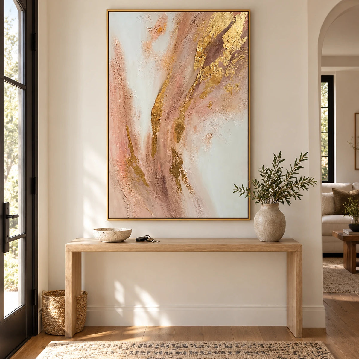 Blush Pink Ivory and Gold Abstract Oil Painting | Flowing Metallic Accents Vertical Neutral Textured Wall Art #OA 1835